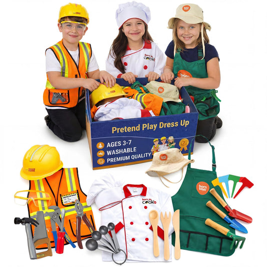 Born Toys 3-in-1 Toddler Dress Up Clothes for Boys & Girls Ages 3-7, Chef, Construction and Gardener Costumes for Kids with Working Pretend Play Toy Accessories, Career Outfit Set, Gift Ready