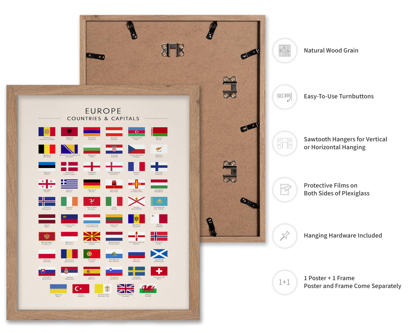 Poster Master Flags of Europe Poster - European Countries & Capitals Print - Learning Materials Art - Gift for Student & Teacher - Wall Decor for School, Classroom or Library, 11x14 Beige Framed
