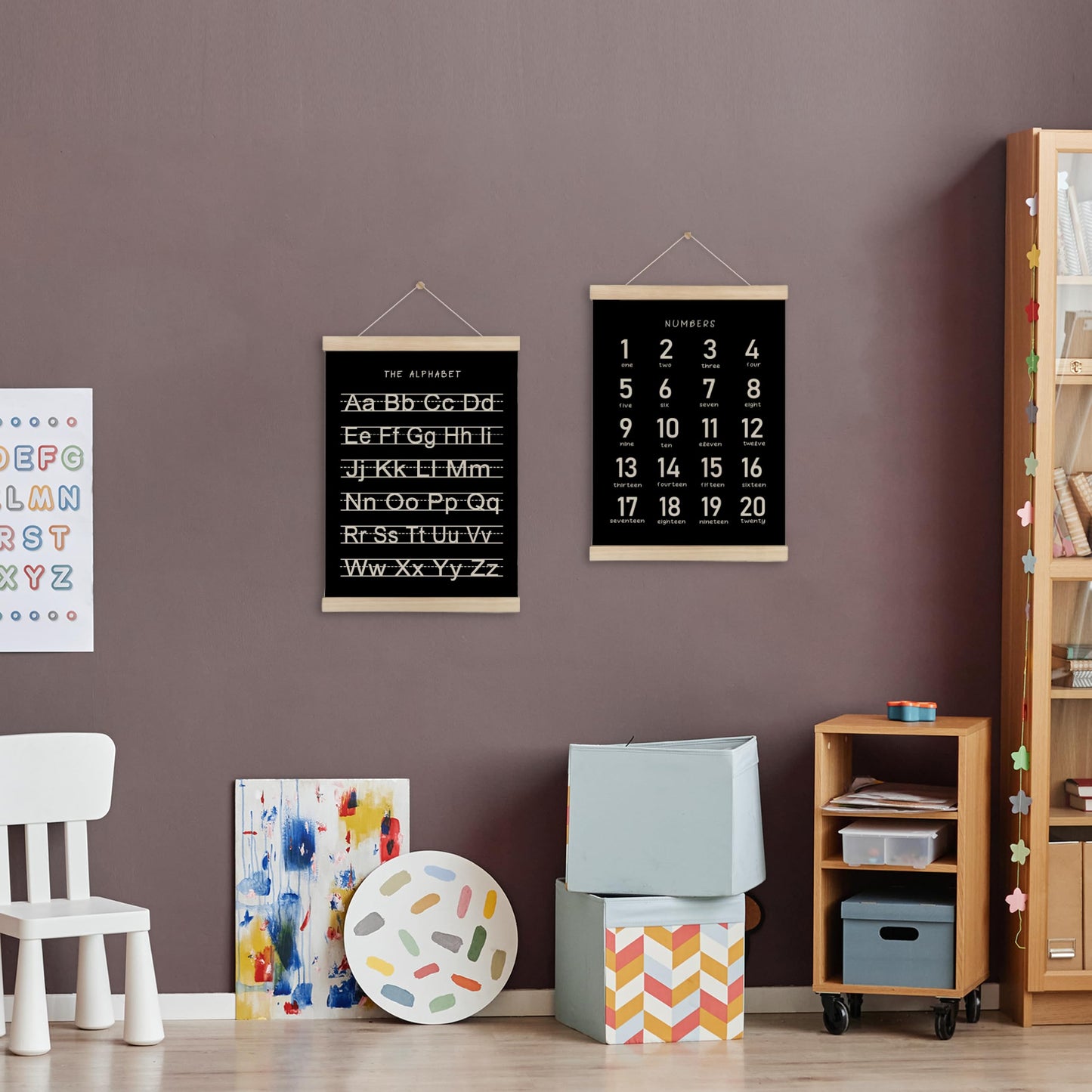 HRQKO Black Alphabet Numbers Poster Hanger Frame Set of 2, Nursery Wall Decor, ABC Poster Wall Art with Wooden Frames, Alphabet Banner Wall Hanging Decor for Playroom Boy Toddler Room, 12x16 Inch