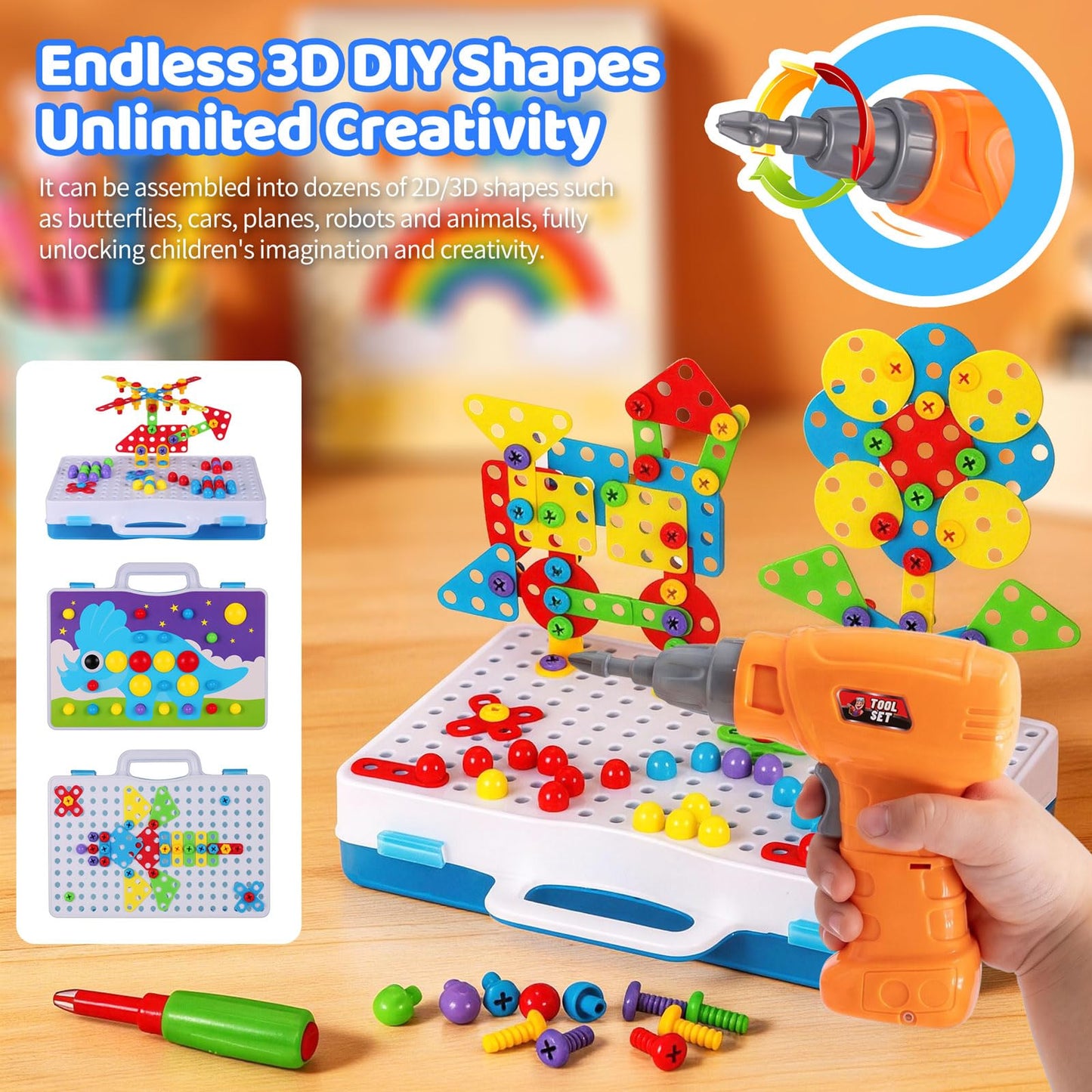 224 PCS STEM Building Toys for Kids Ages 4-8, Creative Mosaic Drill Set with Electric Drill & Screwdriver, 2D/3D Building Blocks Kit, Educational Birthday Gift for 5 6 7 8 9 10 Year Old Boys Girls