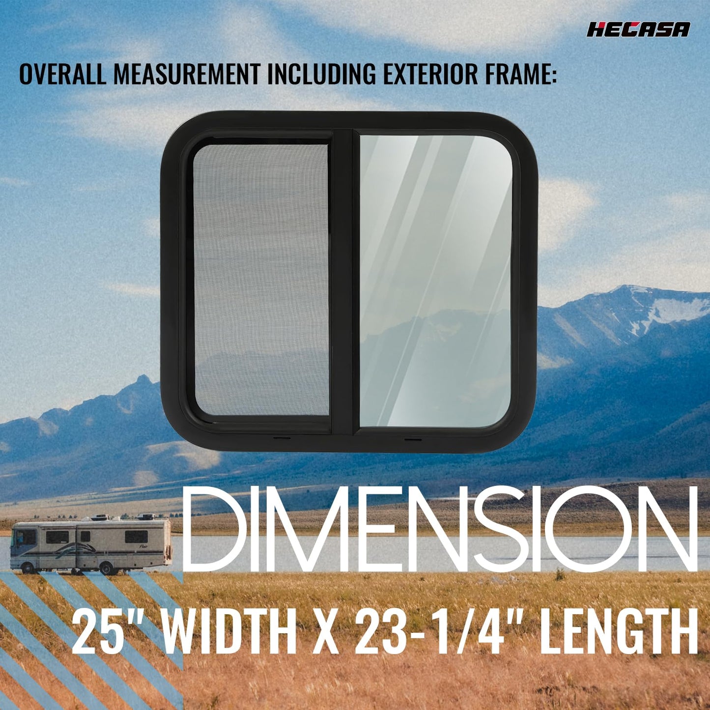 HECASA RV Window Horizontal Sliding 24in W x 22in H, Black Frame & Tinted Glass, Model MO-2283, Glass & Steel Construction