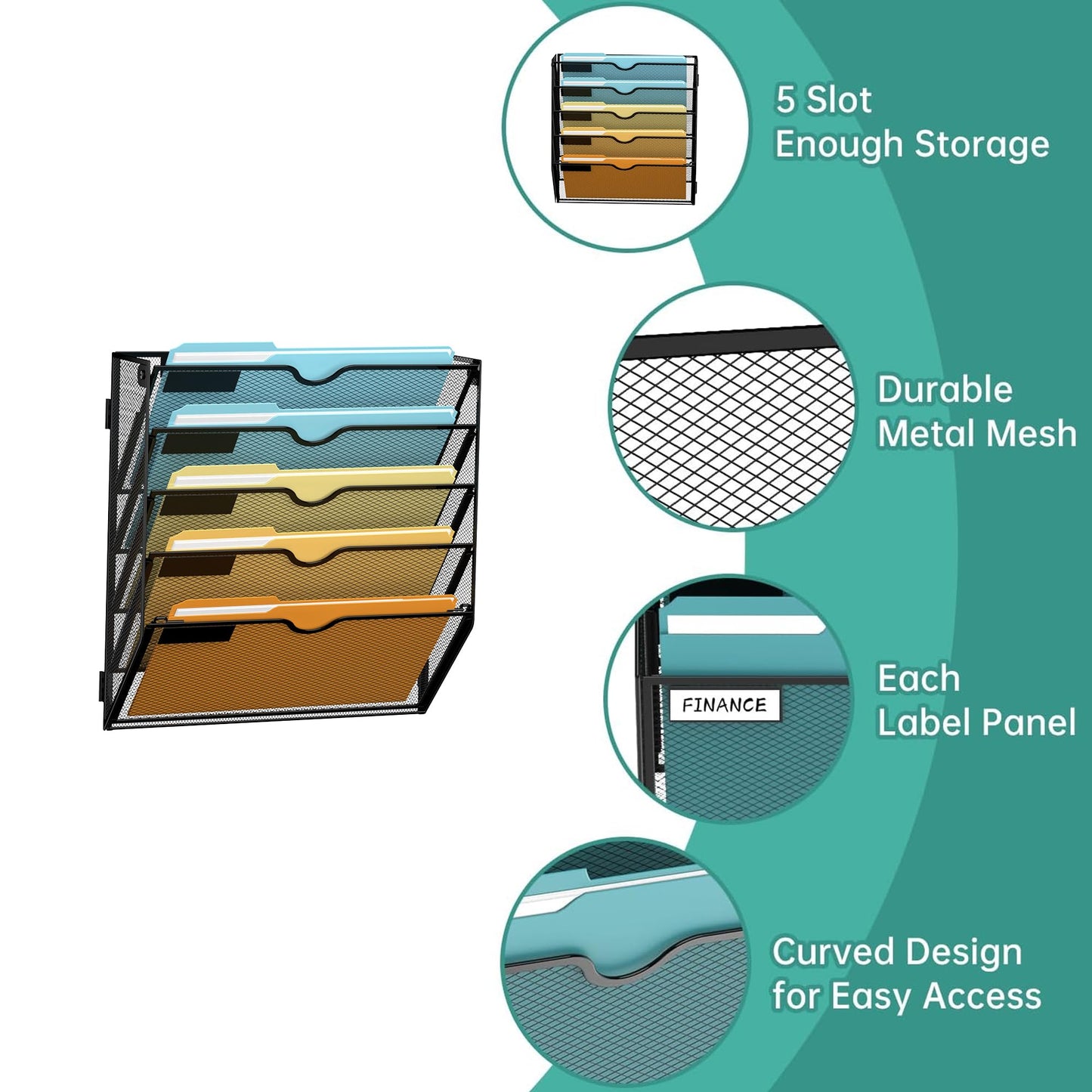 SUPEASY 5 Tier Wall File Organizer, Hanging Wall Mounted Mail Organizer with Label Slots, Metal Mesh File Holder Magazine Rack for Office, Home, School or Classroom, Black