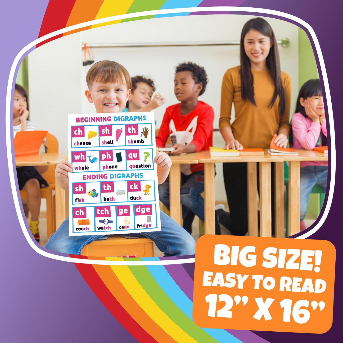 Sproutbrite 12 Pack (12"x16") Educational Poster Bundle for Toddlers Phonics Vowels Poster Language Arts Charts for Preschool, Homeschool Motivation - Inspired Learning Charts that Helps Toddlers Understand Vowel Sounds and Syllable Patterns Easily