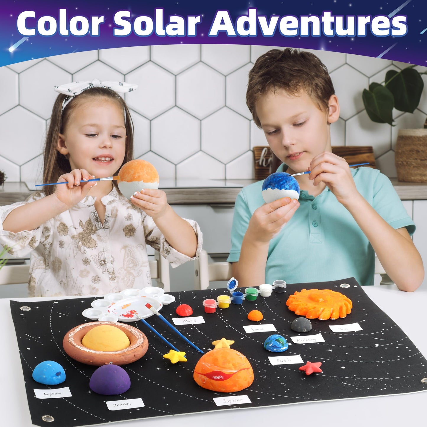 Solar System Project Kit for Kids, Solar System Model Toy Kit for Kids, Learn School Space Planet Science Project of Mix Foam Balls, Planet Felt Board, Brushes, Adhesive Hooks, Instruction
