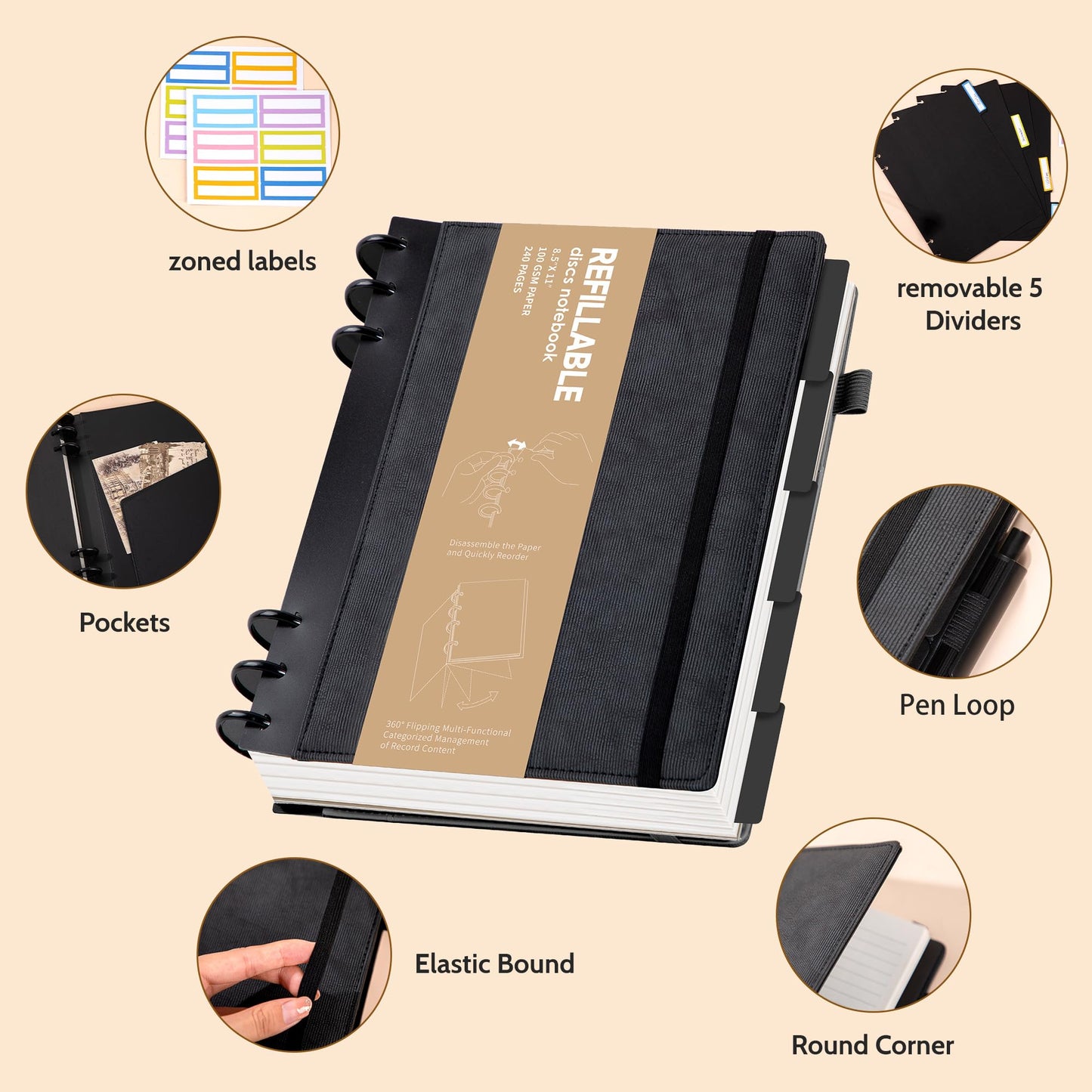 Yoment Refillable Notebooks for Work 5 Subject with Removable Dividers Tabs 240 Pages Hardcover Leather Journals for Writing Large Discbound Planner Colleged Ruled Paper for Men 8.58 x 11,Black