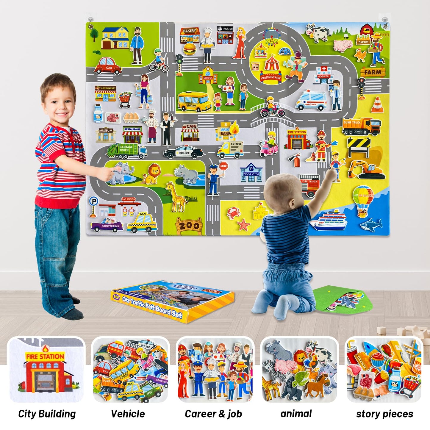 Transportation Felt Story Board Set ,40*28in Flannel Board for Wall ,95 Felt Pieces,Preschool Storytelling ,Vehicles,Career Image Dress-Up,Zoo Learning Interactive,for 3 years +,Gift for Toddlers