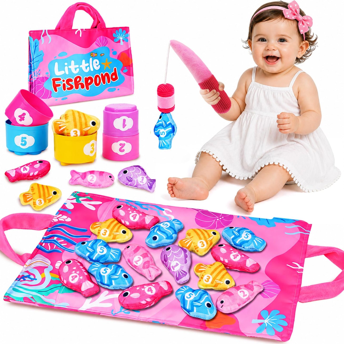 Montessori Toys for 1 Year Old Girl Gifts - Cloth Fishing Game with Stacking Cups Toddler Toys Age 1-2 - One Year Old Boy Girl First Birthday Gift - Sorting Learning Baby Toy 12-18 Months Toddlers 1-3