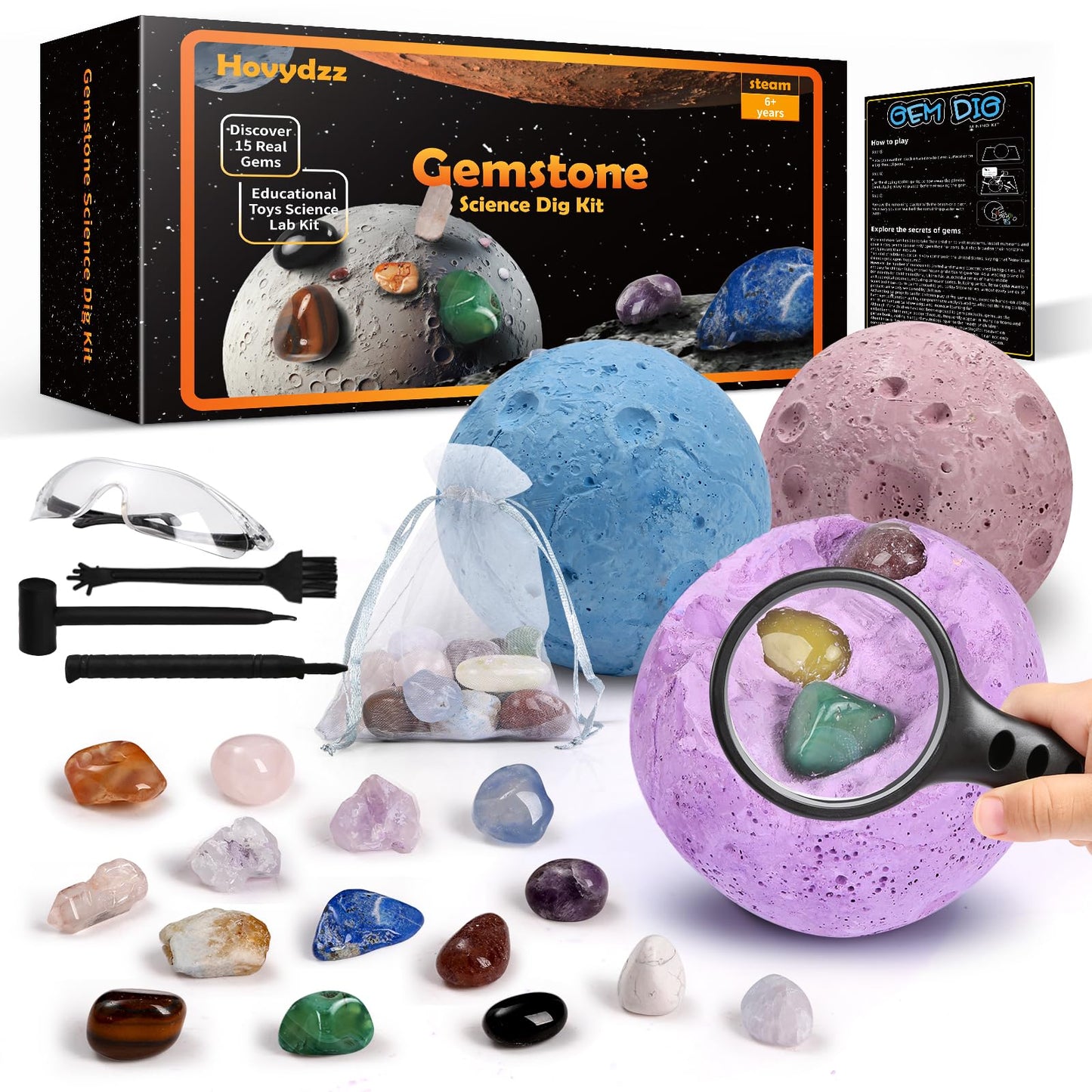 Hovydzz Gemstones Dig Kit, Science Kit for Kids, Dig up 15 Real Gems & Explore Solar System, STEM Educational Mining Space Toys, Archaeology Geology Science Experiments Gift for Boys&Girls Age 6-8-12