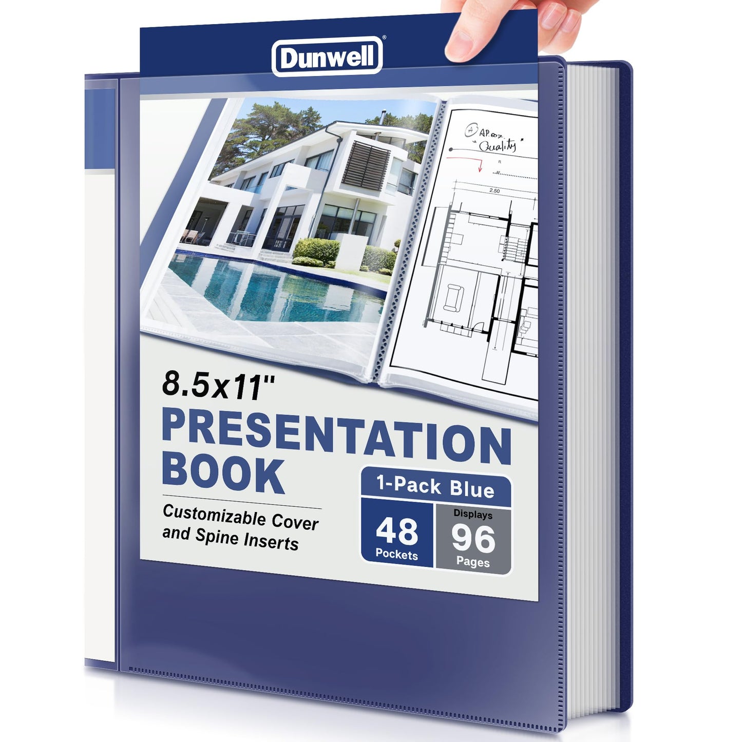 Dunwell Presentation Binder 48-Pocket, Displays 96 Pages, 8.5x11 Portfolio Binder with Plastic Sleeves, Storage and Organizer for Documents, Photos, Kids Artwork, Projects, Recipes (Blue)