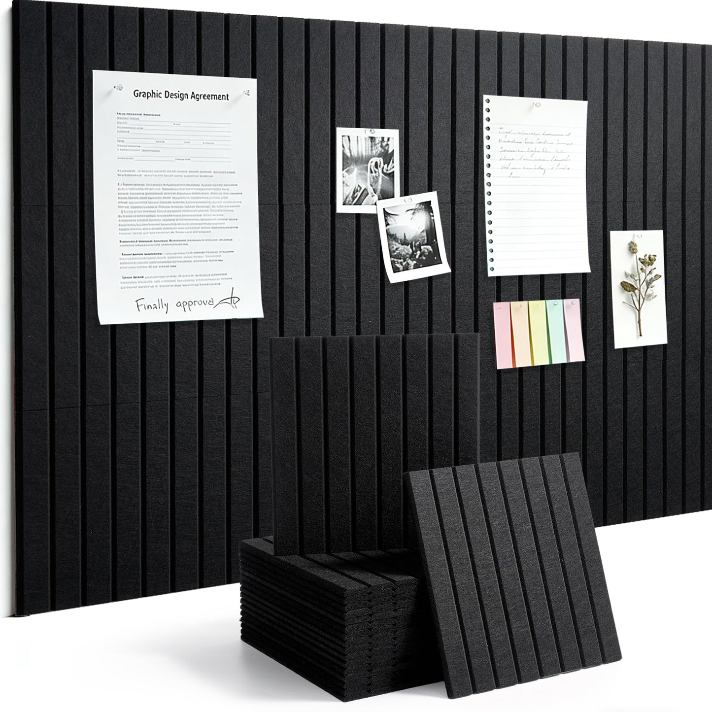 Slat Felt Wall Tiles (12 Pack) - 11.8"x11.8" Self-Adhesive Bulletin Board for Wall, Acoustic Panels for Sound Dampening, Modern Black Pin Board, Home Office Decor (30x30cm)