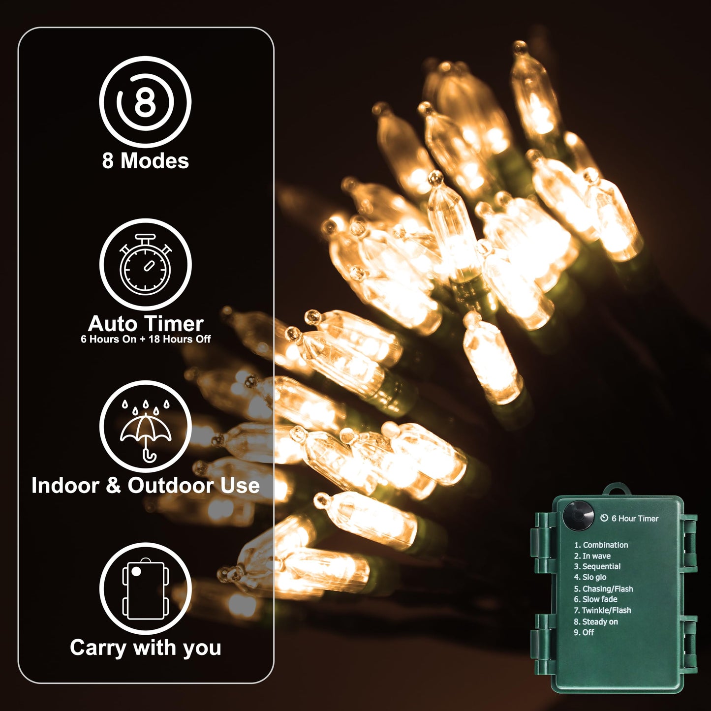 NovaFloat 50LED String Lights, Battery Operated, Timer, 8 Modes, Waterproof, Warm White, 2 Pack