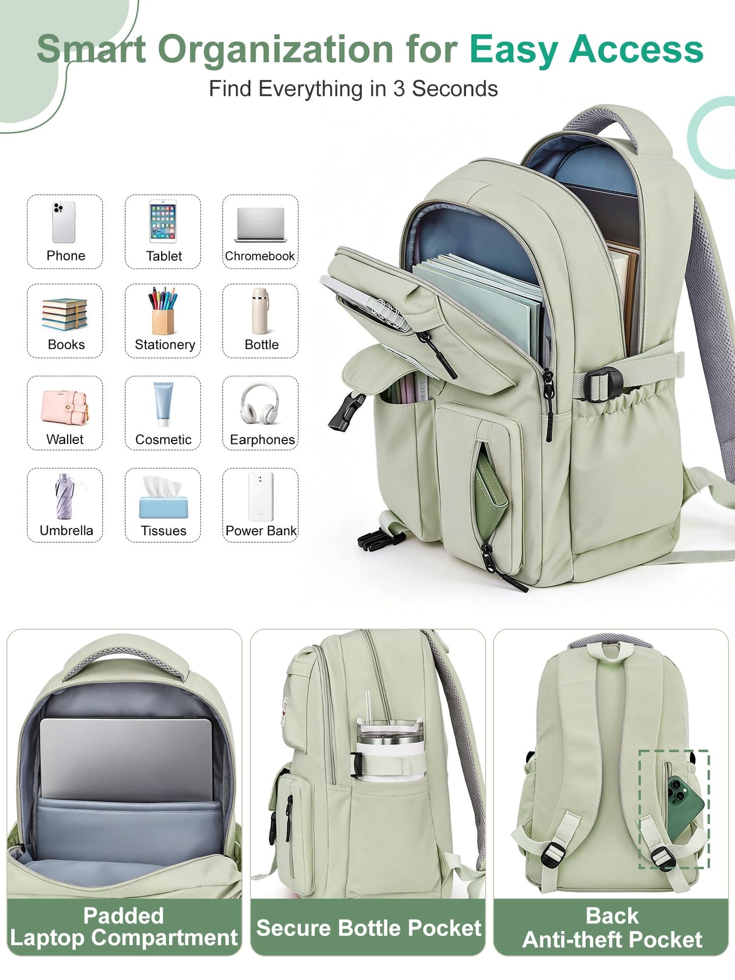 FIORETTO School Backpack for Teen Girls & Women with Compartment, Lightweight School Bag Bookbag with Multiple Pockets, Ideal for Middle High School, College, Travel, Green 25L