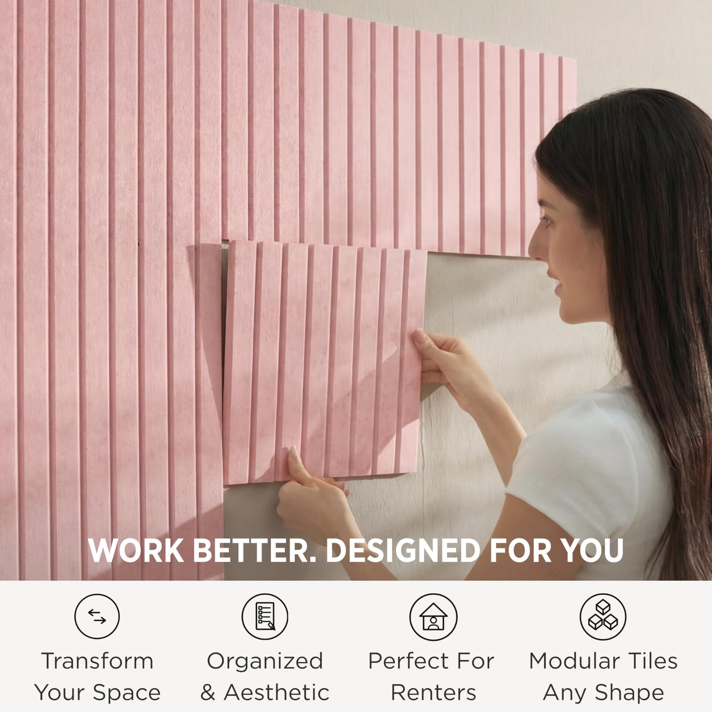 VIVELDA Felt Bulletin Board Tiles 48"x36" - 12-Pack Cork Board Alternative, Oeko-TEX Certified, NRC 0.95 Acoustic Wall Panels, Damage-Free Adhesive, Slatted Design, Home Office & Classroom (Salmon)