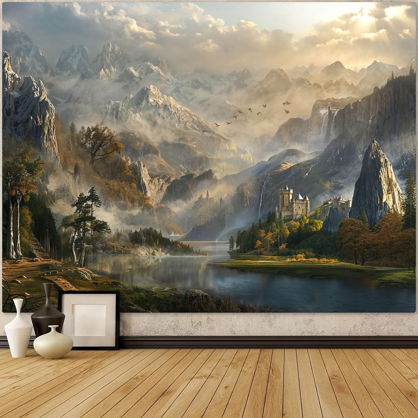 Spenlife Fantasy Valley Castle Wall Tapestry, Enchanted Mountain Lake Tapestries for Room Decor, Scenic Tapestry 60x44 Inch