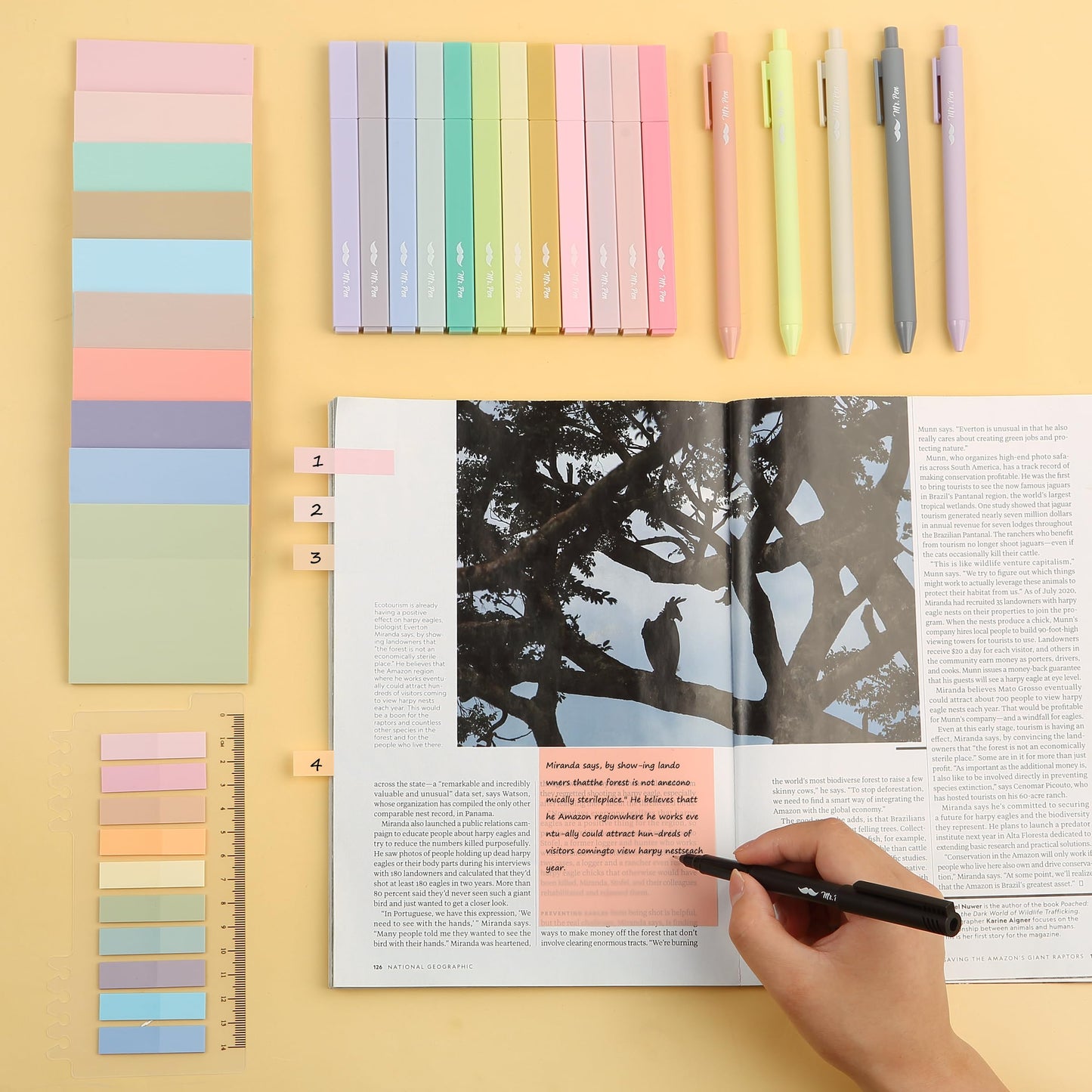 Mr. Pen- Aesthetic Book Annotation Kit, 38 pcs, 12 No Bleed Aesthetic Highlighters, 5 Gel Pens Black Ink, 700 Transparent Sticky Notes & Tabs for Study, Bible Journaling, Planner, Office Supplies