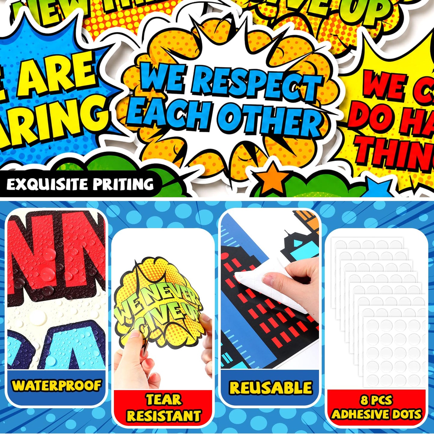 Hero Themed Bulletin Board Set Amazing Things Happen Here Classroom Decoration Motivational Positive Affirmation Super Themed Paper Cutouts for Tropical School Chalkboard Wall Decor Supplies