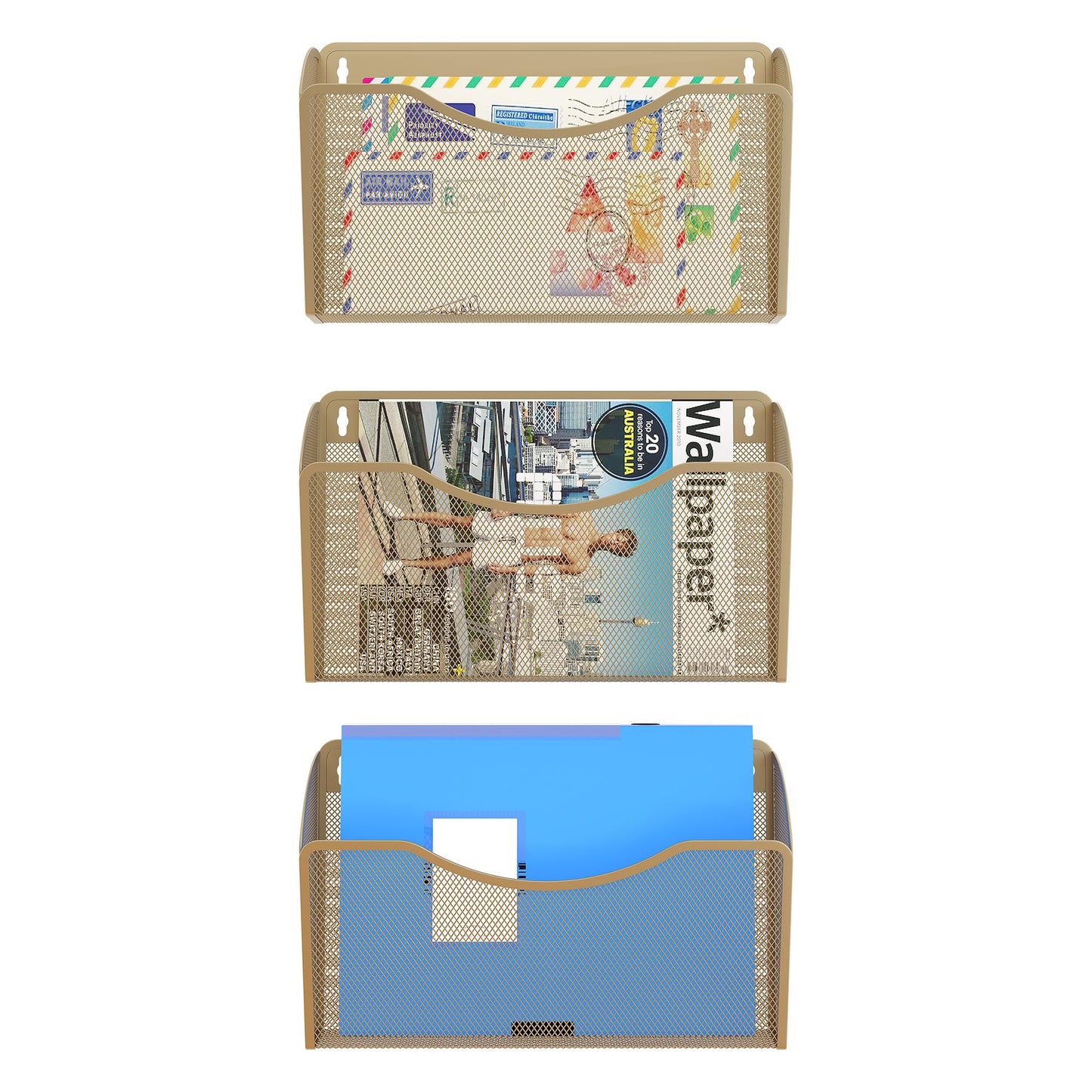 EasyPAG Wall File Organizer 3 Pack, Hanging File Organizer Wall Mount, Metal Mesh Folder Holder for Letter/A4 Papers, Mail Sorter for Office, Classroom, Home, Gold