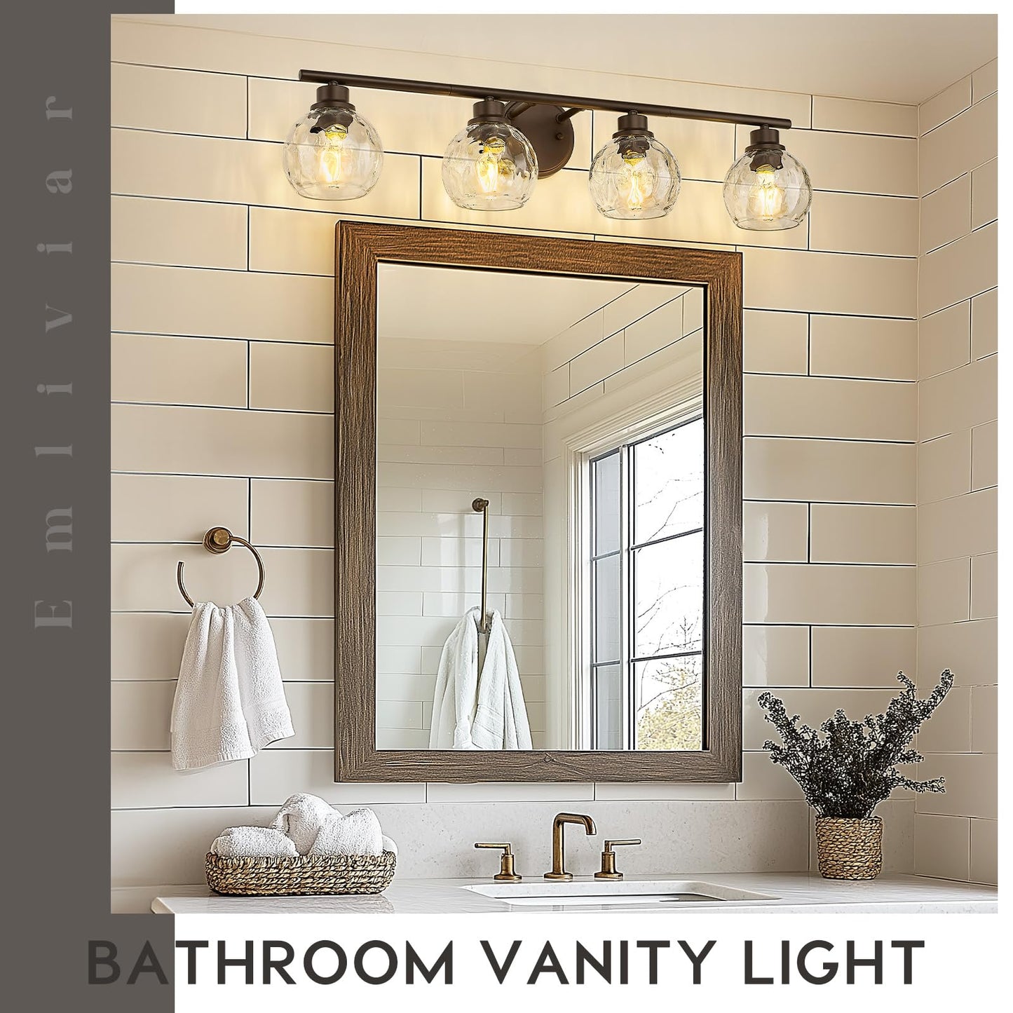 Emliviar 4-Light Vanity Lighting, 32.6in Water Ripple Globe Glass, Oil Rubbed Bronze Finish, Model YE295B