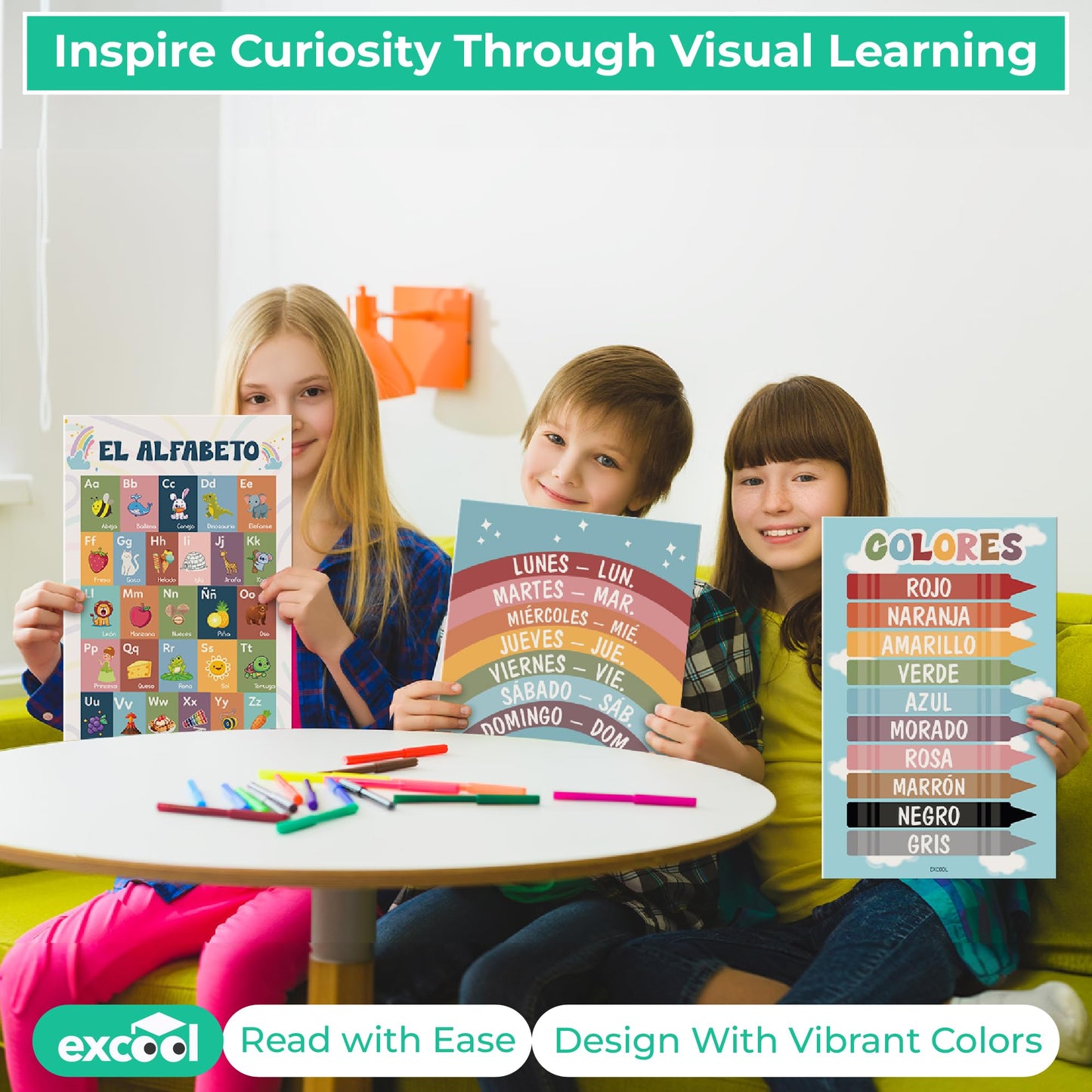 EXCOOL CLUB 32 Spanish Classroom Posters For Elementary - Colorful Bilingual Educational Posters For Toddlers 1-3, Laminated Learning Poster Preschool Must Haves, Abecedario Para Niños En Español