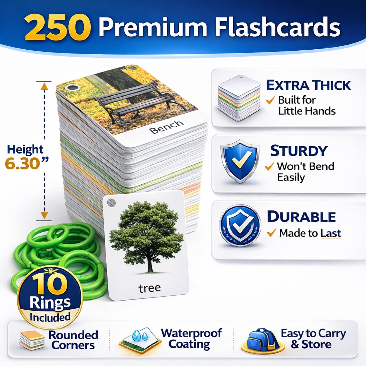 250 Thick & Sturdy Learning Flashcards for Toddlers 1-3 with Rings - Alphabet Flash Cards & Sight Words for Toddlers 2-4 yrs Included - Toddler Flash Cards Ages 2-3