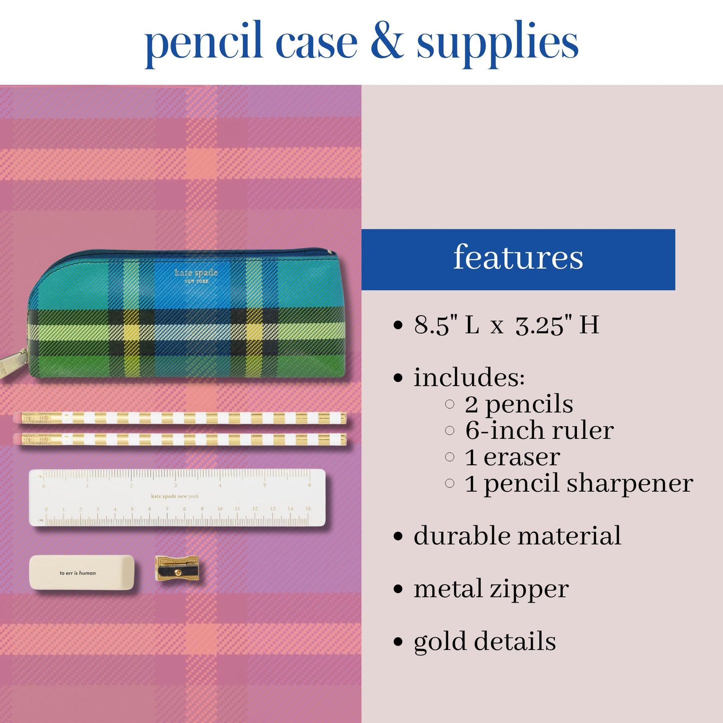 kate spade new york Pen and Pencil Case with Office Supplies, Zip Pouch Includes 2 Pencils, Sharpener, Eraser, and Ruler, Grand Plaid Duo