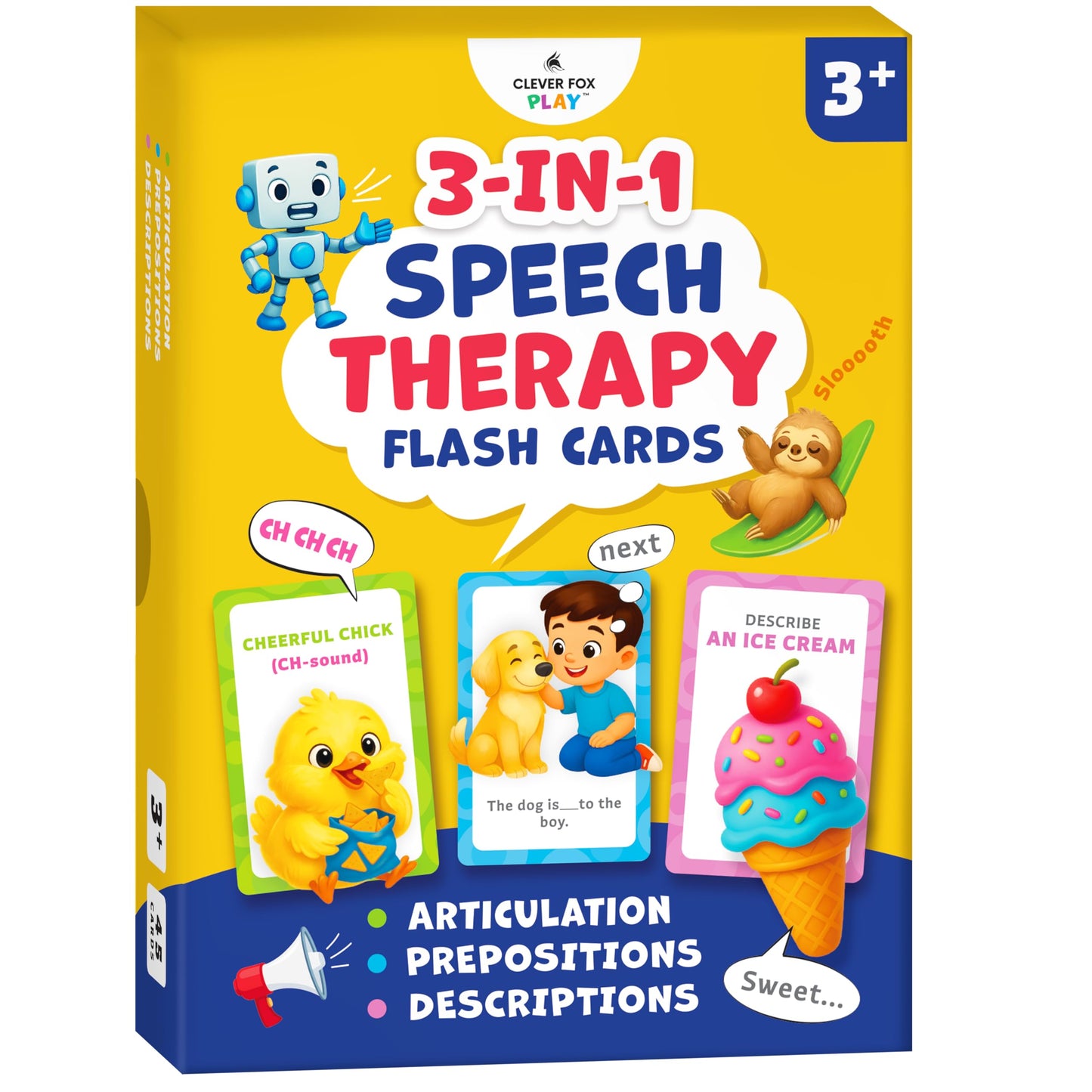 Clever Fox Play 3-in-1 Speech Therapy Flash Cards for 3+ Year Olds – Toddler Learning Flash Cards for Speech Therapy Materials – 45 Articulation, Description & Preposition Cards for Preschool