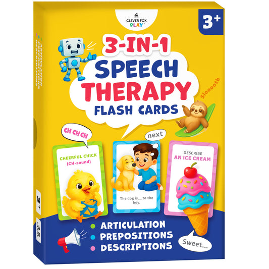 Clever Fox Play 3-in-1 Speech Therapy Flash Cards for 3+ Year Olds – Toddler Learning Flash Cards for Speech Therapy Materials – 45 Articulation, Description & Preposition Cards for Preschool