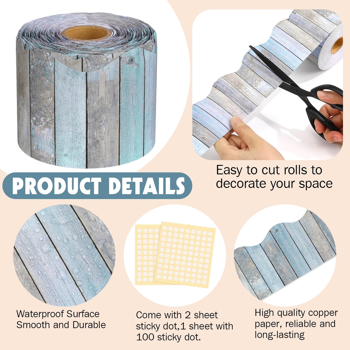 Tenceur 120 Feet Bulletin Board Borders Wooden Pattern Straight Rolled Border Trim Wood Straight for Classroom Schools Office Decoration(Gray Blue)