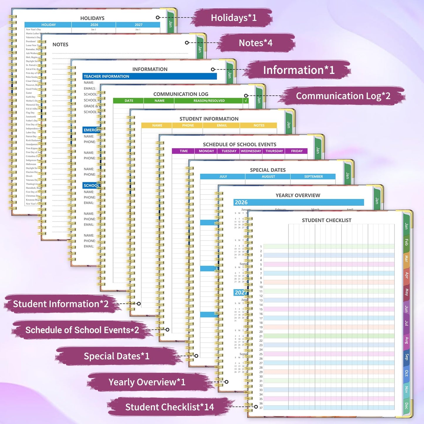 Teacher Planner 2026-2027, Jul 2026-Jun 2027 Academic Year, 8.5" x 11" Lesson Planner Book for Teacher Calendar, Spiral Bound Planners, Planning Stickers, Colorful Monthly Tabs, Flower