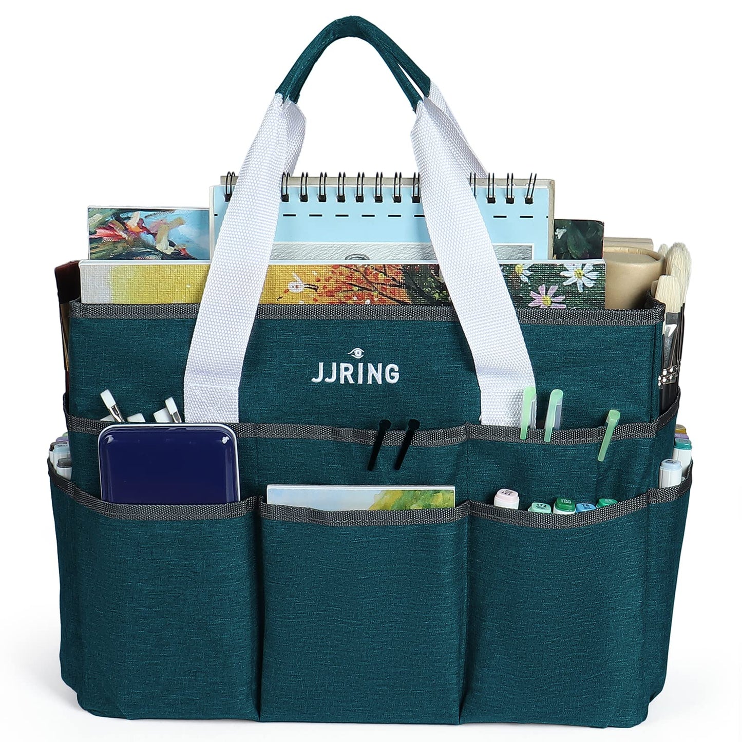 JJRING Craft Organizer Tote Bag, Large Art Storage Caddy with Multiple Pockets, Bluish Green Sewing Bag for Art, Craft, Scrapbooking, School, Medical, and Office Supplies Storage