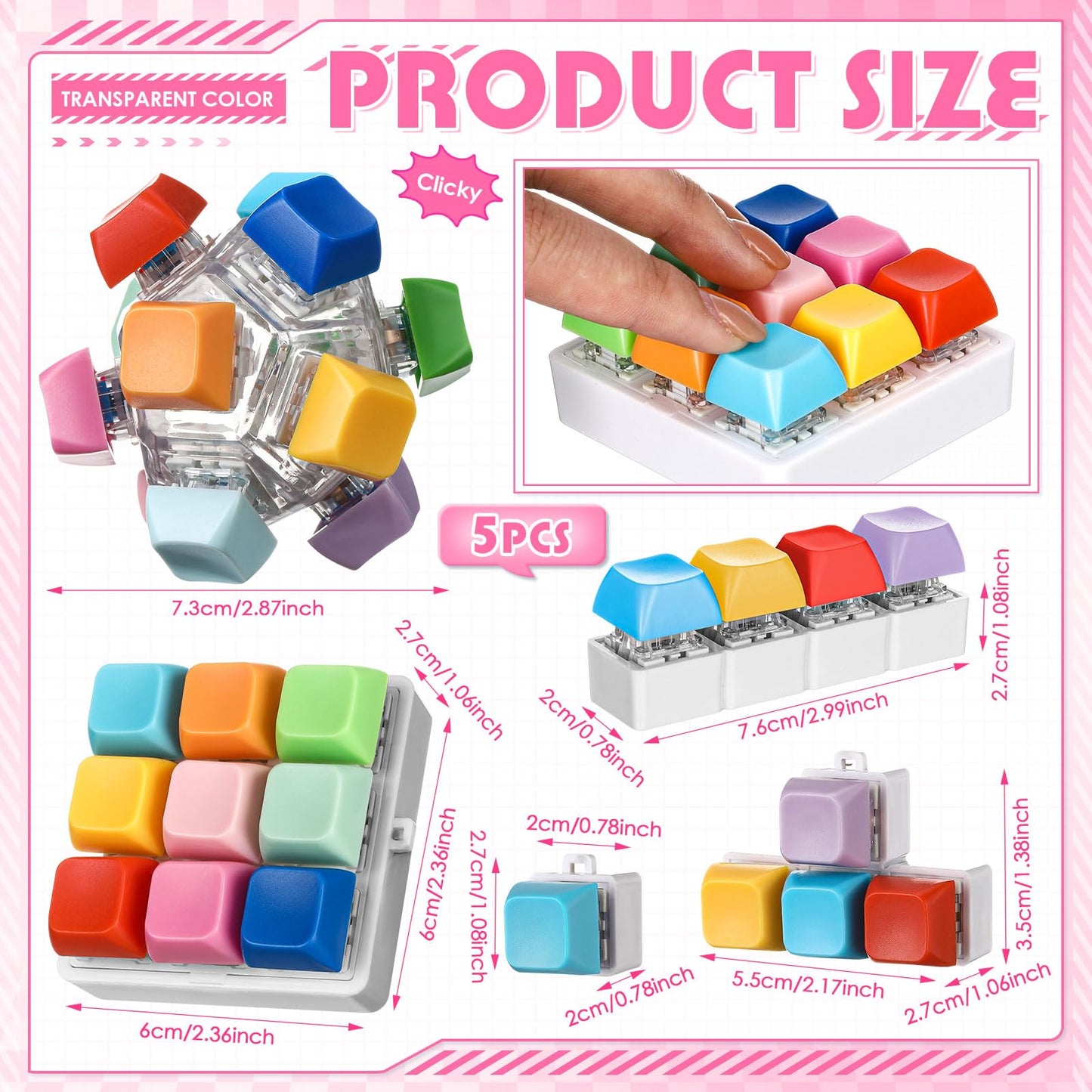 Halloscume 5 Pcs Keyboard Adult Fidget Clicker in 5 Styles Keyboard Fidget Keychain Cube Mechanical Key Button Clicker Stress Relief Gift for Office Home Pass Time(Candy Colors)