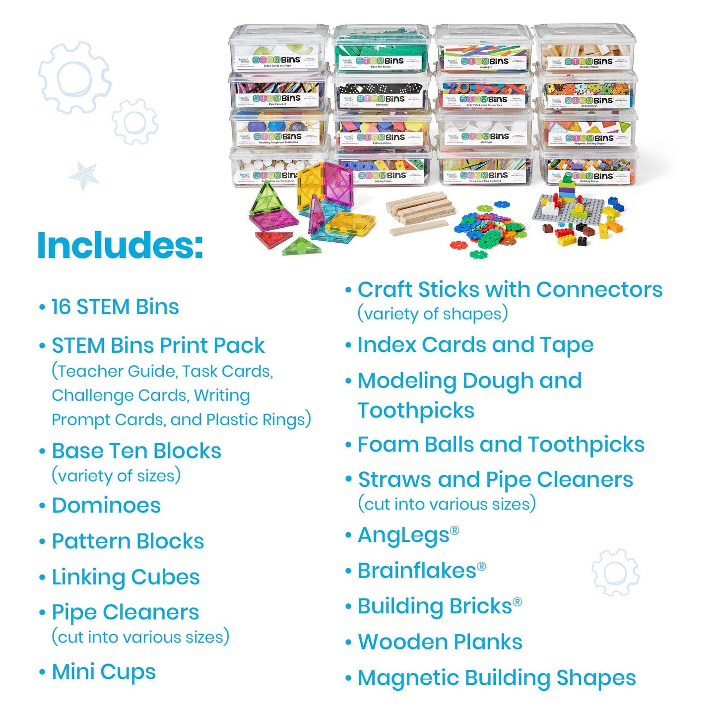 hand2mind STEM Bins Comprehensive Set by Brooke Brown, STEM Bins for Classroom, STEM Manipulatives for Elementary, STEM Activities, Kids Engineering Building Kits, Science Teacher Supplies (Set of 16)
