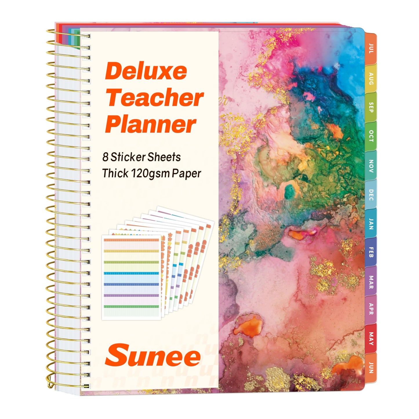 SUNEE Deluxe Teacher Planner 2026-2027, Lesson Planner Book with 7 Periods Jul 2026 - Jun 2027, 8.5" x 11" Weekly and Monthly Organizers with Colorful Tabs, Planning Stickers,120gms Paper, Pink Marble