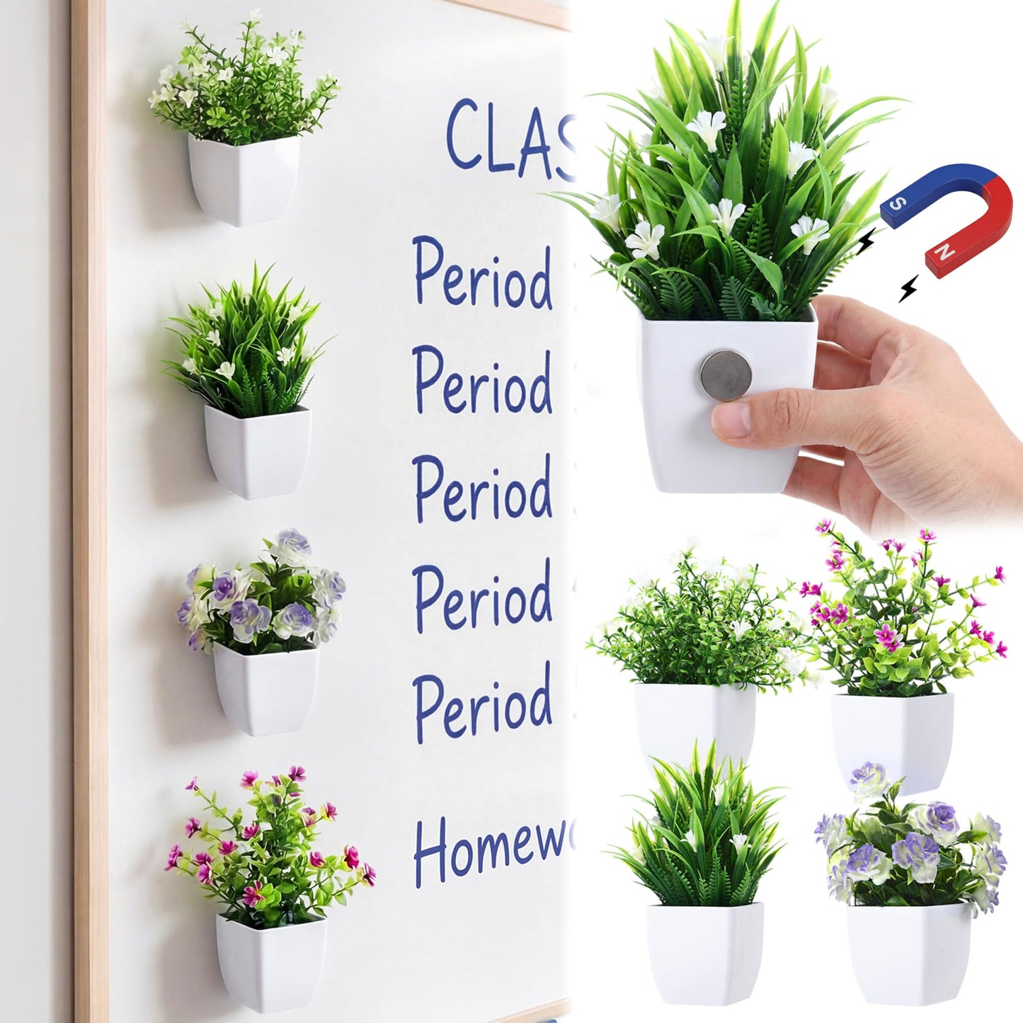 Suncalla 4 Pack Mini Magnetic Fake Plants for Classroom Whiteboard Small Artificial Potted Plants with Faux Flowers Decorative 3D Magnets for School Office Home Decor(Flower)