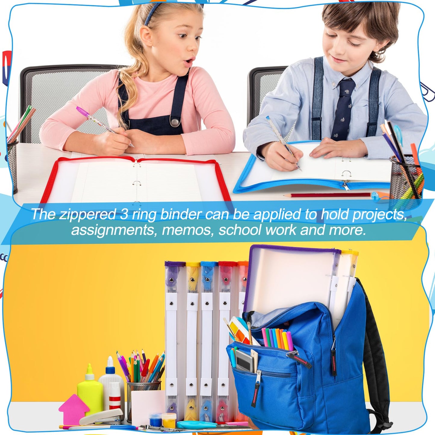 Fulmoon 6 Pack 1 Inch Zipper Binder, 3 Ring Binder with 2 Interior Pockets, Plastic Pencil Pouch, Expanding File Zippered Holds 8.5''x11'' for Projects, Assignments, Memos, School Work (Clear)