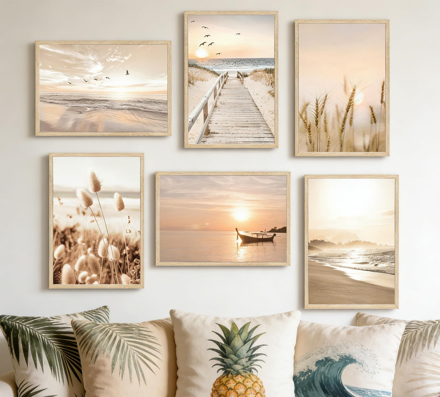 Beach Wall Art Boho Coastal Wall Decor, Neutral Beige Ocean Beach Pictures Wall Art, Set of 6 Minimalist Nature Grass Prints for Bedroom Bathroom Living Room, Unframed Canvas Posters 12x16in