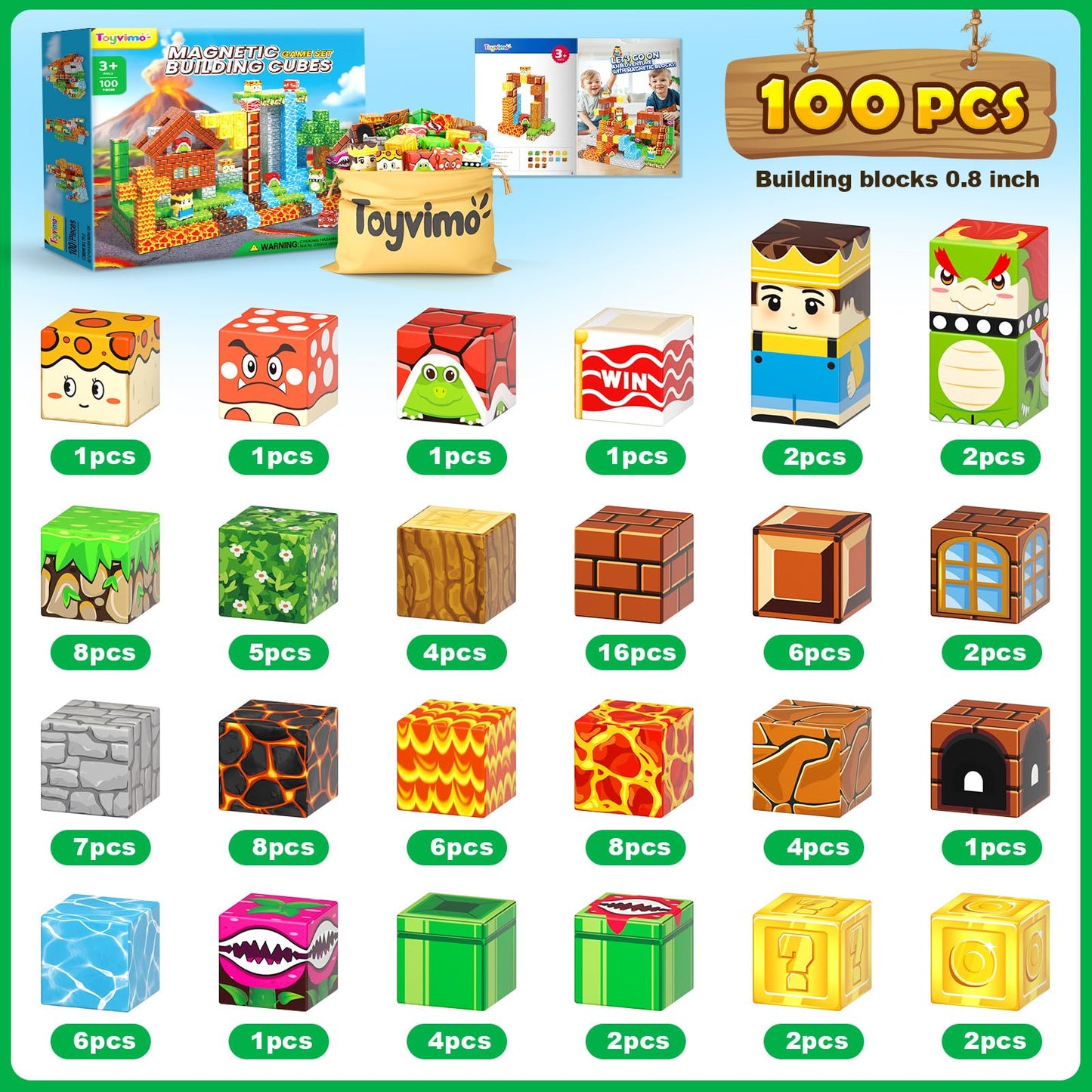 100PCS Magnetic Blocks Magnetic Building Blocks Sensory Toys for Kids Ages 3-5 6-8 8-12 Kids Game Toys for 3+ Year Old Boys & Girls, Mine Magnet World Craft 3 4 5 6 7 8 9 Year Old Boy Birthday Gift