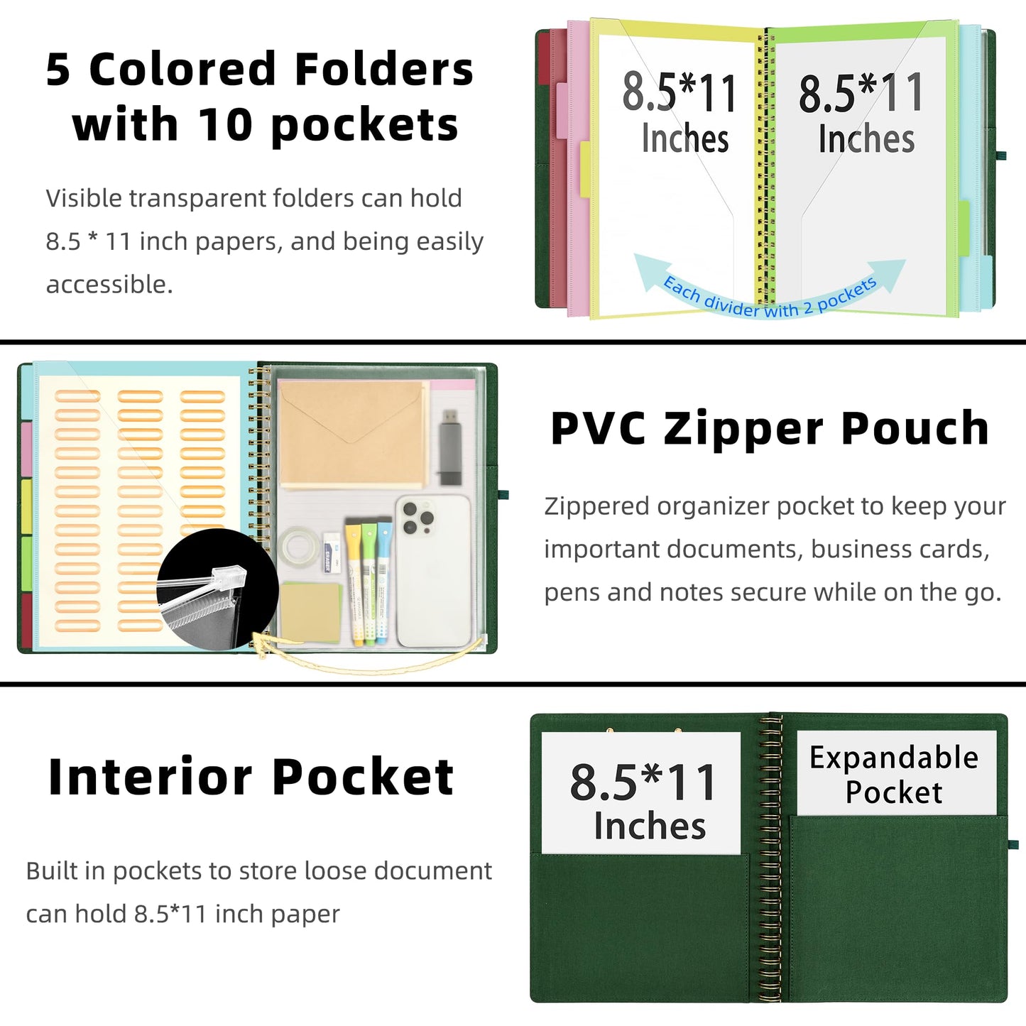 Ospelelf Foldable Spiral Clipboard Folio with Storage Zipper Pouch, 5 Plastic Folders with 10 Pockets,Refillable Lined Notepad (11" x 8.5"), Hardcover Project Organizer with 39 Stickers (Dark Green)