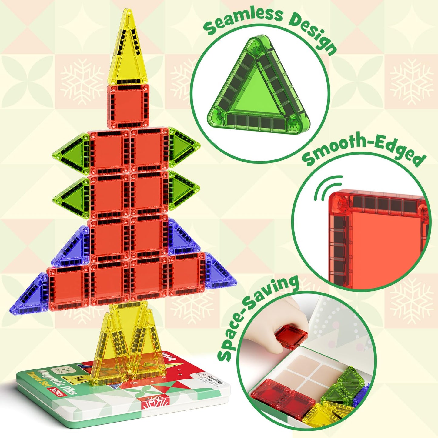 MEIQ Travel Magnetic Tiles for Kids, 26 PCs Mini Magnetic Building Blocks with Festive Iron Storage Box, STEM Travel Toys for Toddlers Ages 3-5+, Educational Learning Gift for Boys & Girls