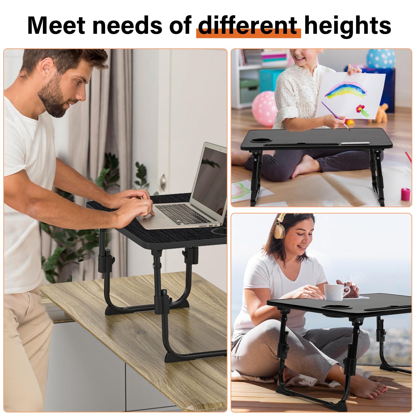 Lap Desk for Bed, Adjustable Laptop Desk with USB Charging Port, Storage Drawer & Bookshelf — Foldable Bed Desk for WFH & Students, 23.6" Desktop Fits 17" Laptop, Non-Slip, Black