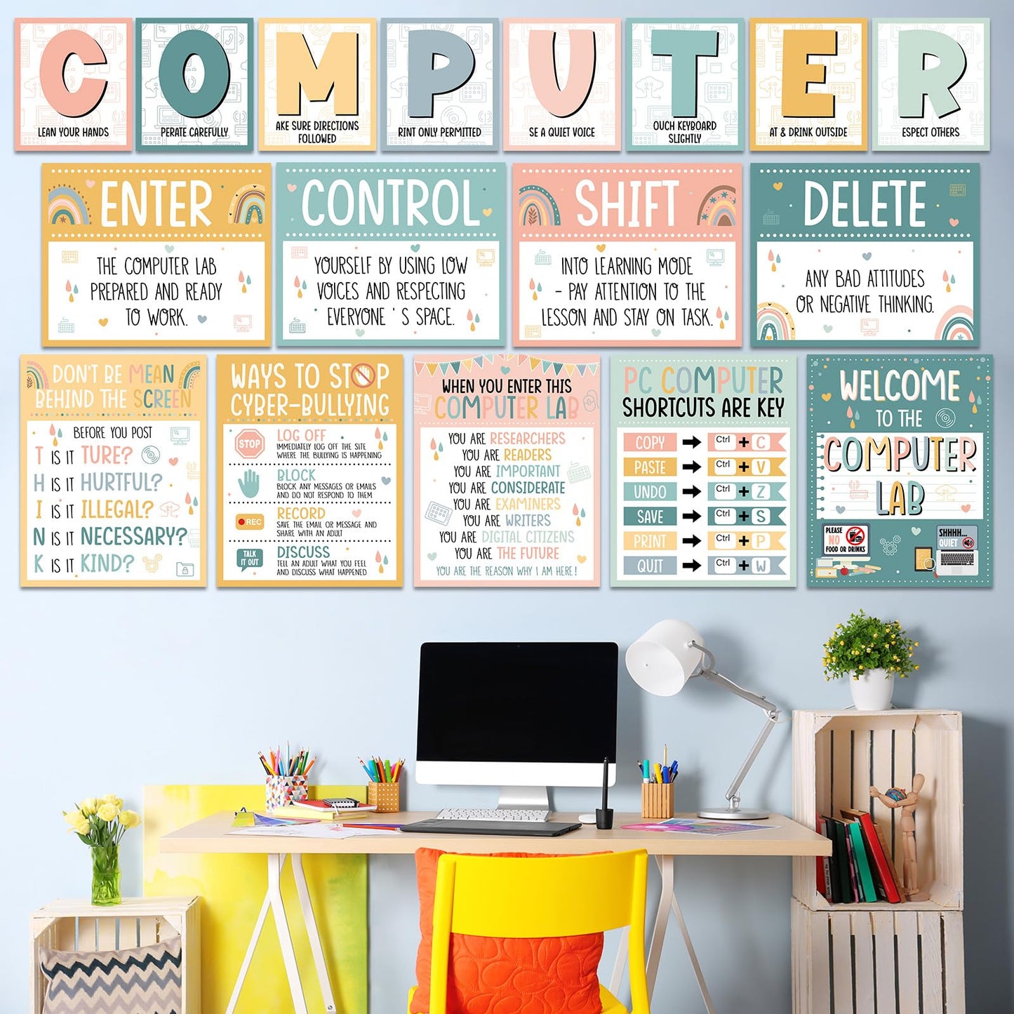 Computer Lab Poster Computer Science Posters Boho Classroom Rules Decorations Inspirational Technology Digital Keyboard Shortcuts Education Chart PC Decor Wall Art Back to School Teacher Supplies