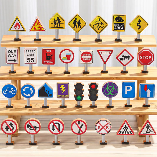 Blosssound Wooden Toys Set for Preschool Classroom - Multicultural Career People Blocks Educational Wooden Play for Kids Learning Toys Play Games Activity Supplies(32 Pcs,Traffic Signals)