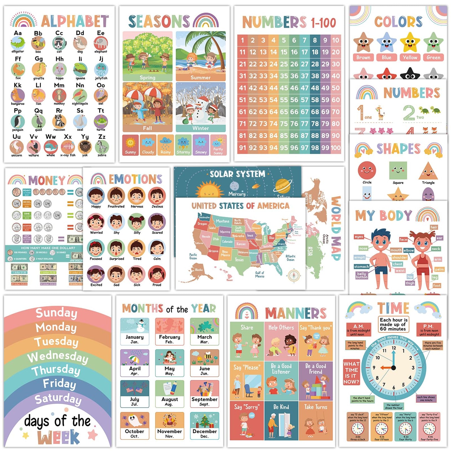 16Pcs Educational Posters for Toddlers 1-3, Learning Posters for Toddlers 1-3, ABC Poster for Kids Ages 3-5, Preschool Posters 1 2 3 Year Old, Kindergarten Homeschool Classroom Must Haves Wall Decor