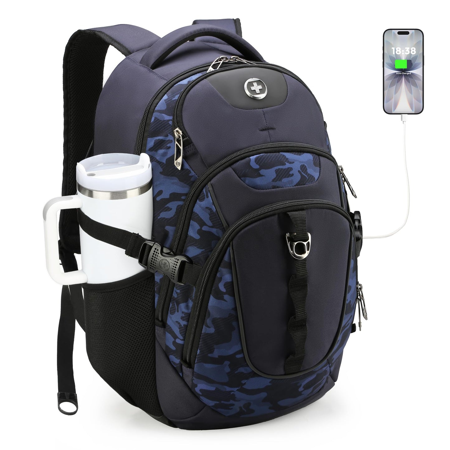 Swissdigital Design Laptop Backpack with USB Charging Port, Travel Backpack Fits 15.6 inches Computer, 31L College School Backpack for Men, Blue Camo | SD803-92