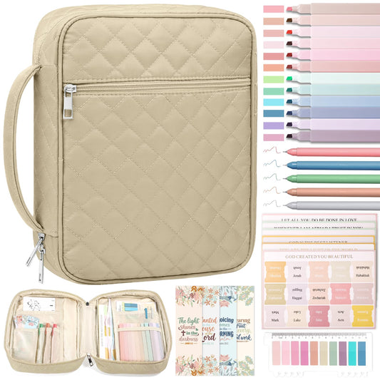 XKDOUS Quilted Bible Cover Case with Bible Study Accessories Kit, Waterproof Large Capacity Bible Bag for Women, Portable for Church Study, Multiple Morandi Color Options (Oat Beige)
