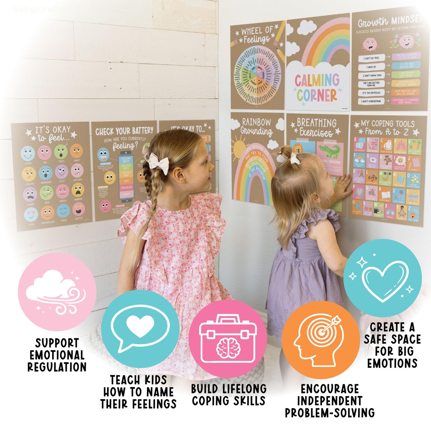 Hadley Designs 9 Calming Corner Posters for Classroom Must Haves - Calm Down Corner Supplies with Emotions Chart, School Counselor Mental Health Poster, Feelings Chart For Kids, Kraft Classroom Decor