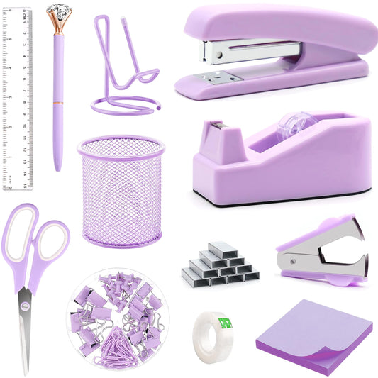 Purple Office Supplies, Purple Desk Accessories, Stapler, Staple Remover, Tape Holder, Pen Holder, Ballpoint Pen, Scissor, Binder Clips, 1000 Staples, Phone Holder, Ruler, Transparent Glue and Notes