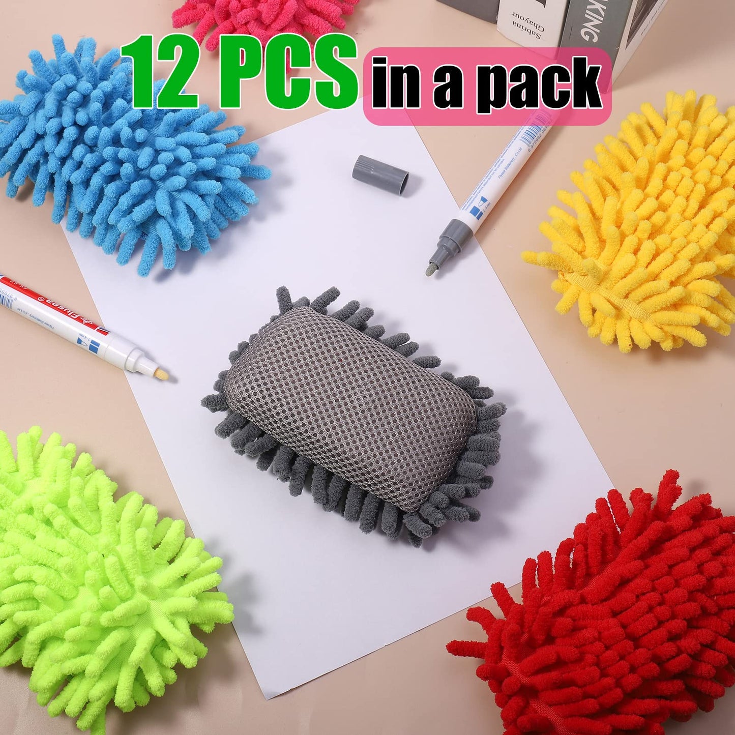 Jspupifip 12 Pcs Microfiber Shag Eraser Whiteboard, Magnetic Dry Erase Eraser Whiteboard Washable White Board Dry Erase for Marker Chalk Home Classroom Office Supplies, Blue Pink Green Red Yellow Gray