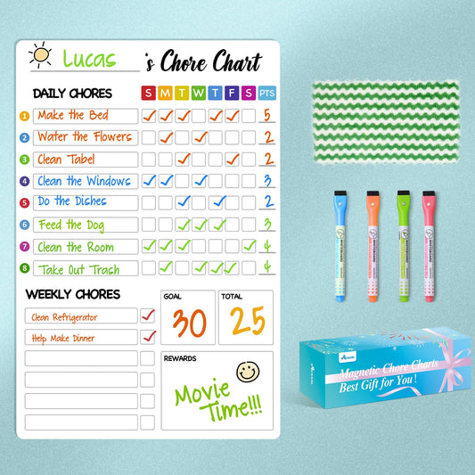 ACNARL Magnetic Chore Chart for Kids with 4 Markers,1 Pack 8"x12" Chore Chart for Multiple Children, Responsibility Reward Chart for Kid, Dry Erase Chore Chart for Adults/Kids/Teens, White Chore Board