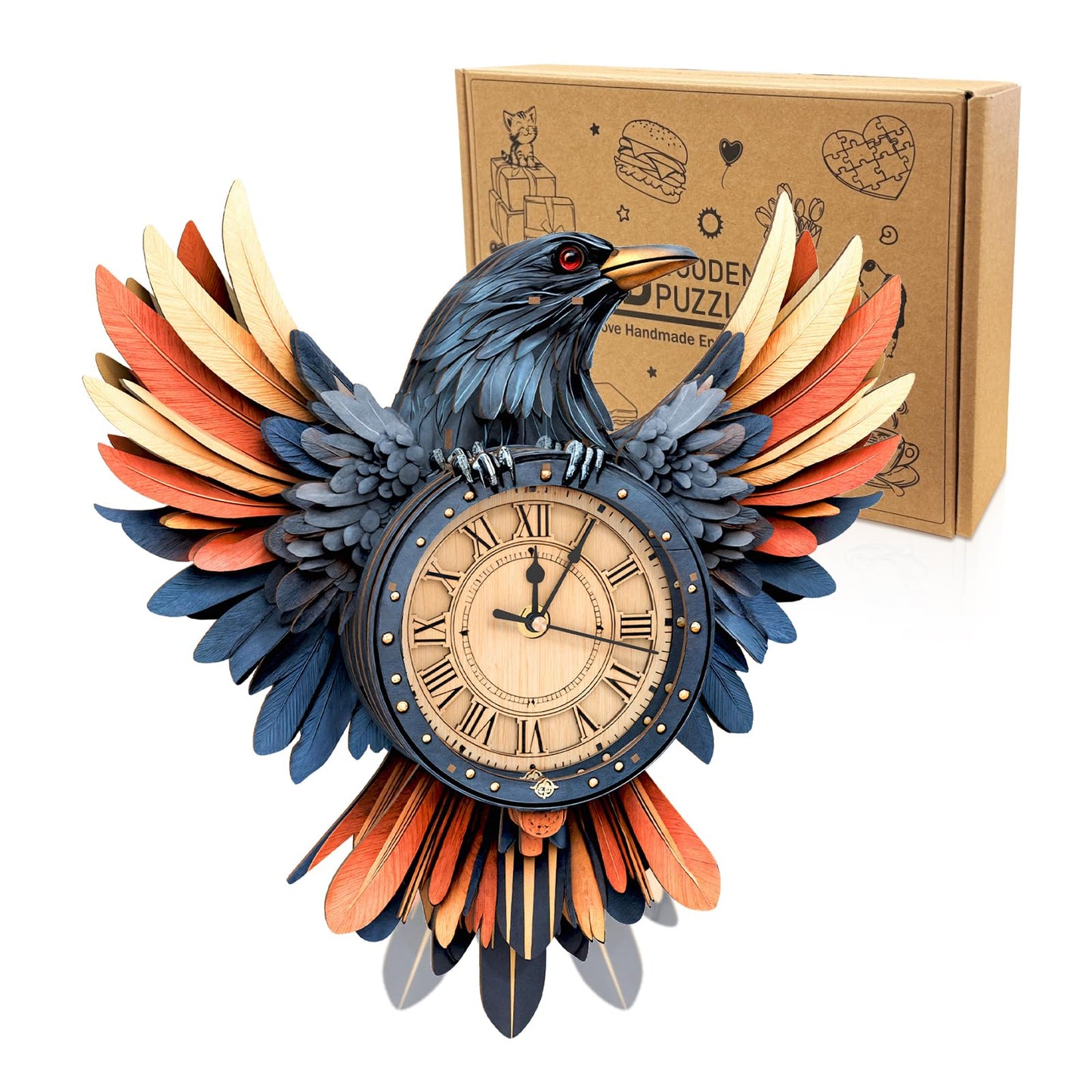 3D Puzzles for Adults Wooden Clock-Raven's Wing Model Kit, Mechanical DIY Pendulum Clock with Roman Numerals-Home Wall Decor, Birthday Christmas Day Gift for DIY Lovers